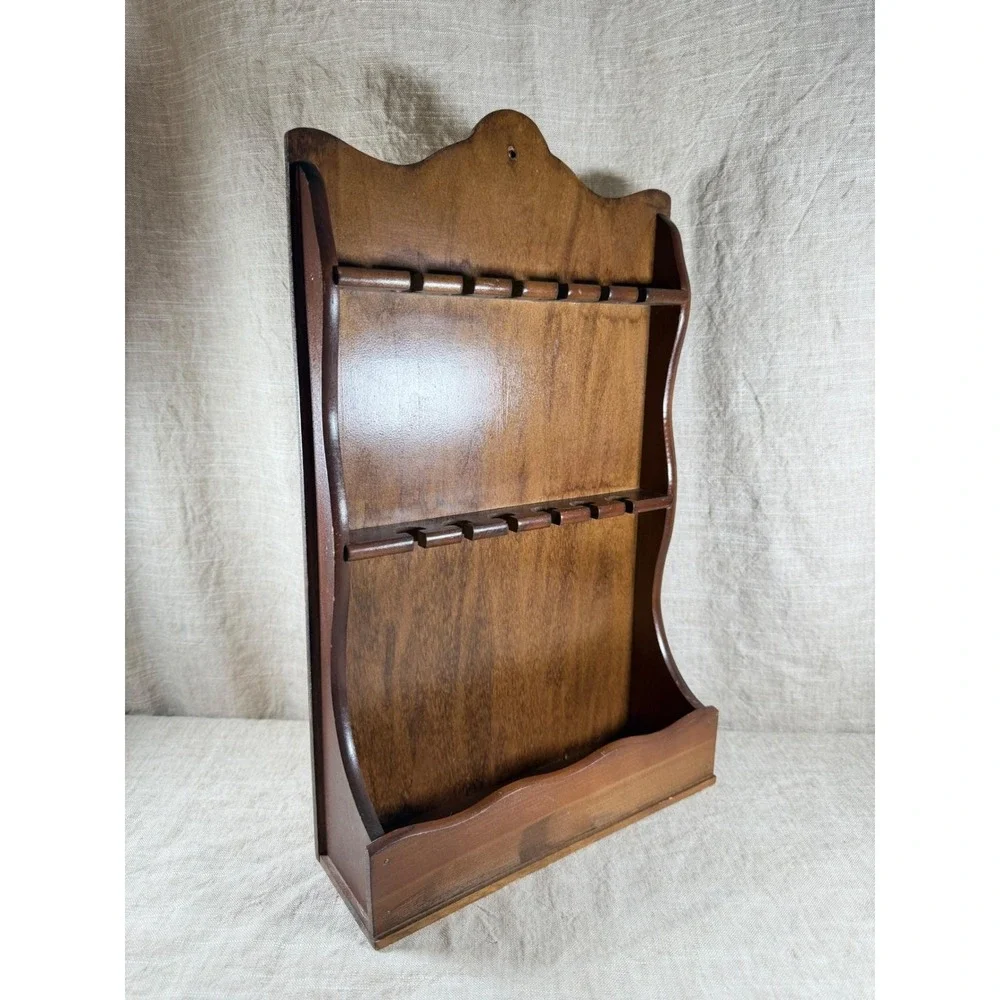 Vintage Scalloped Wood Spoon Display Rack, 12 Slot Wall Organizer